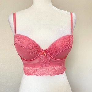 Daisy Fuentes long line push up bra lace trim padded pink 5 clasp size 36B